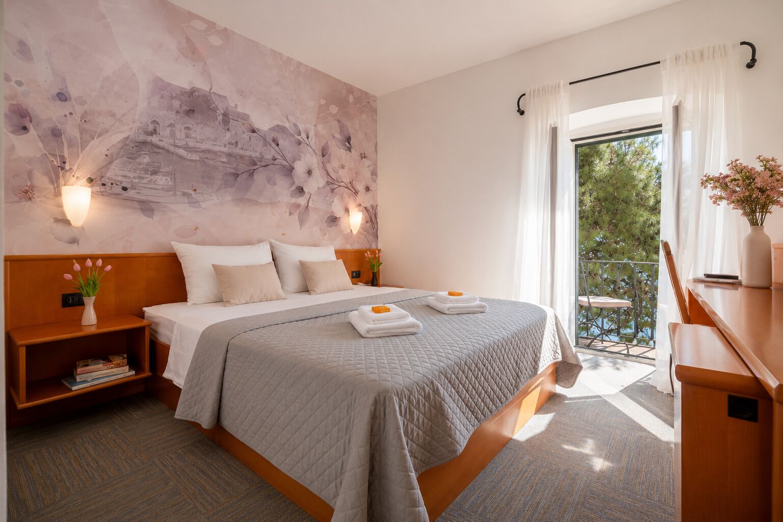 A hotel room with a bed, bedside tables, a nightstand, a window with curtains, and a view of greenery outside.