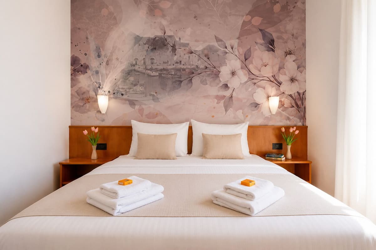 A hotel room with a large bed, two nightstands, a floral mural, and two wall-mounted lamps.