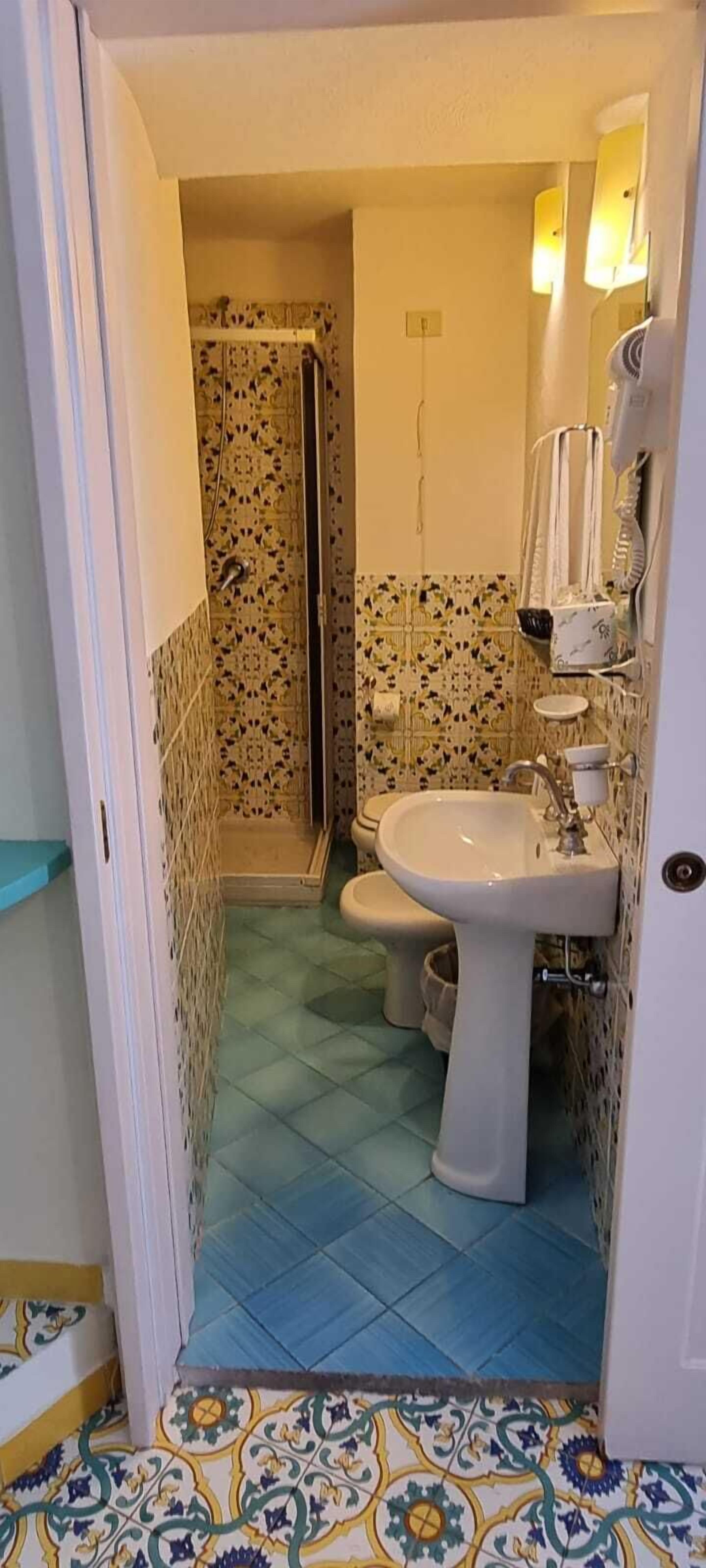 shower, hair dryer, bidet, towels