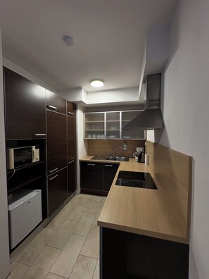 Deluxe Apartment, 1 Bedroom, Balcony | Private kitchen | Fridge, microwave, stovetop, dishwasher