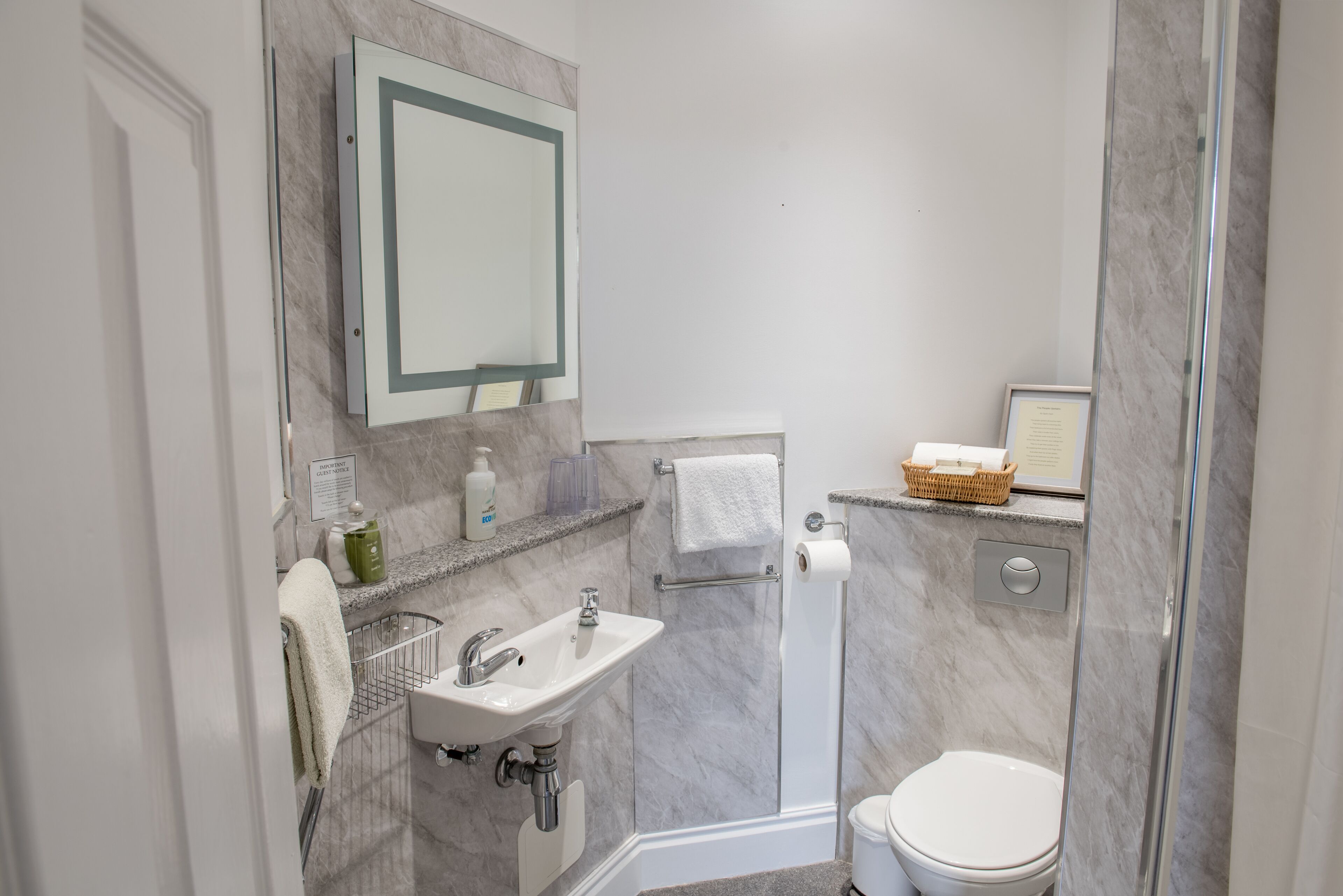 Une salle de bain moderne avec un lavabo en marbre, une douche à parois de verre et des toilettes.