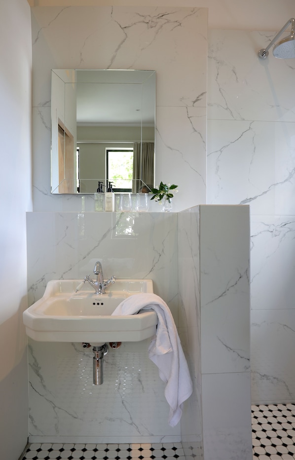 Une salle de bain avec un lavabo en marbre, un miroir et une douche.