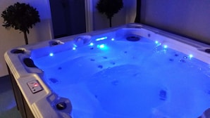 A hot tub with blue LED lights, a control panel, and two decorative plants. - The West Country Inn (Bideford)