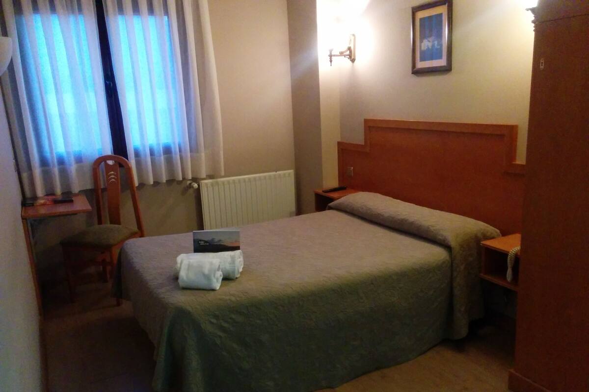 Una habitación de hotel con cama, una silla, un escritorio y un radiador.