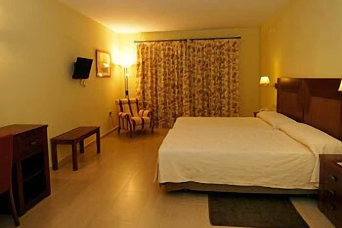 A hotel room with a bed, a chair, a desk, and a television.