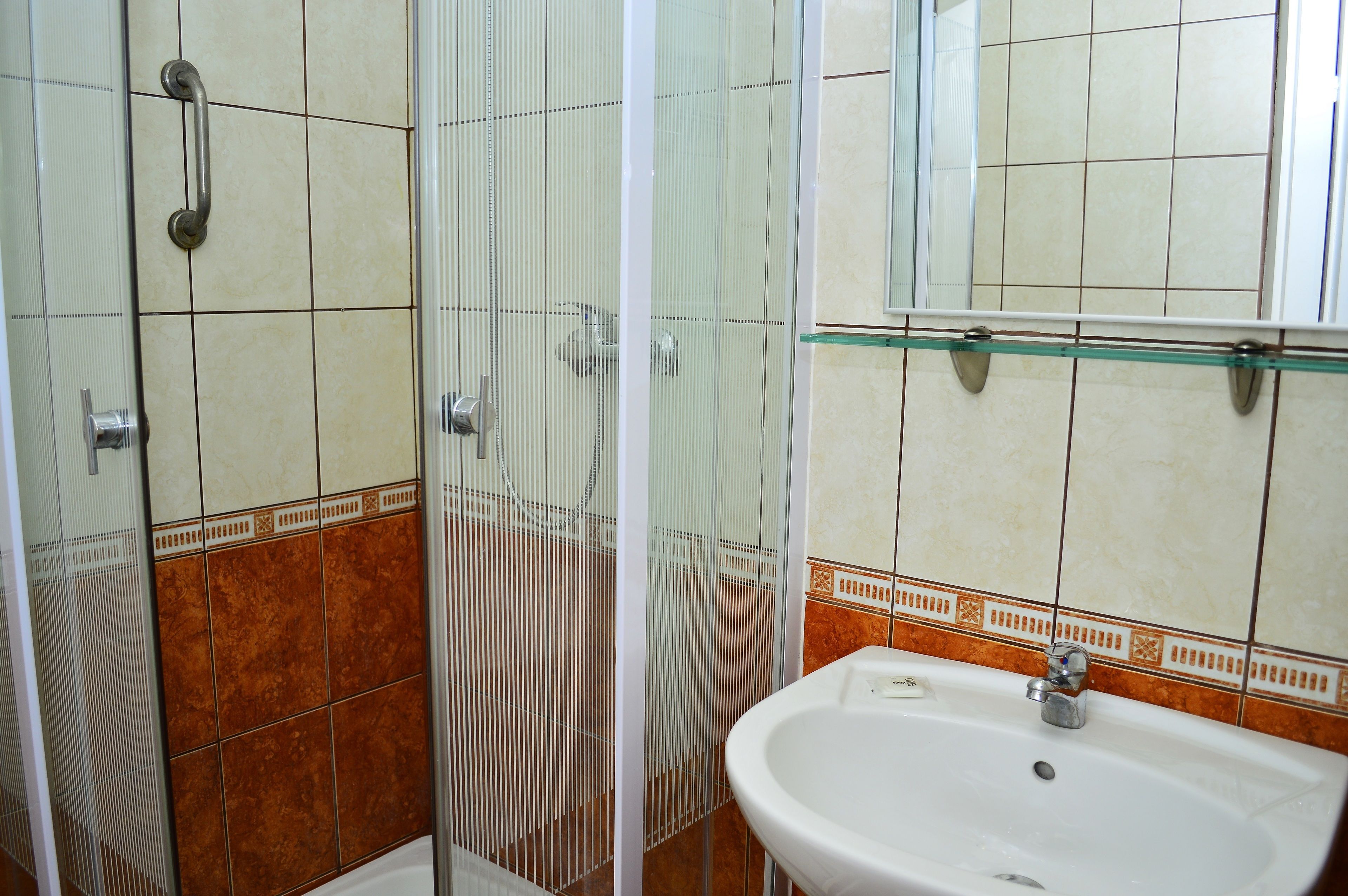 A bathroom with a shower, a sink, and a mirror.