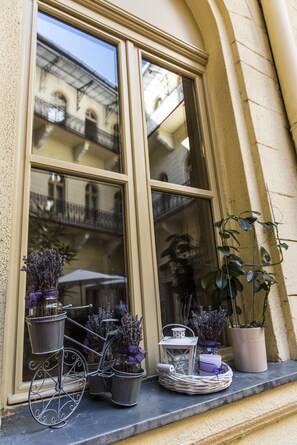 A window with a metal bicycle planter and potted plants. - Centrooms House (Budapest)