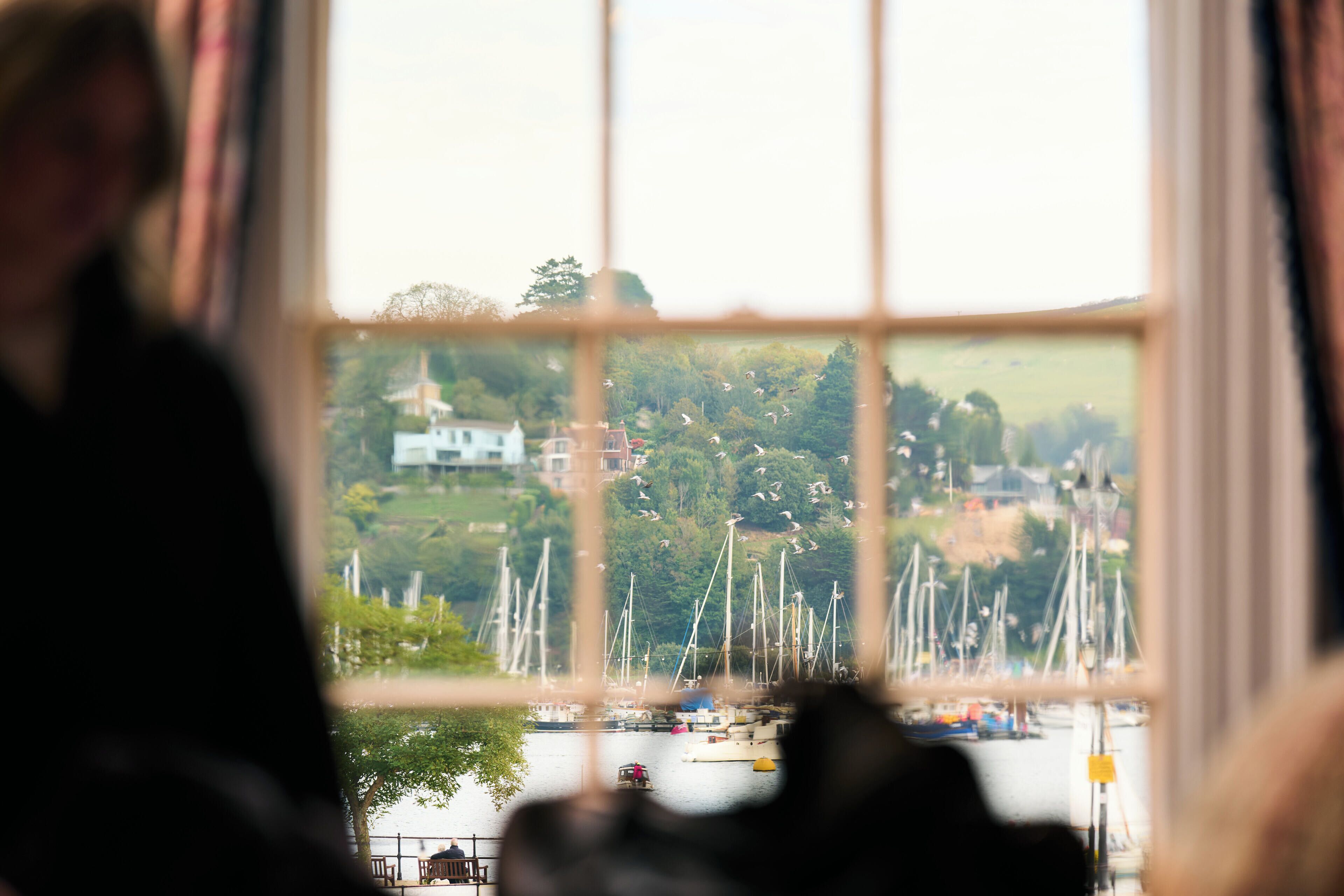 A view through a window of a marina with boats, a dock, and buildings in the background.