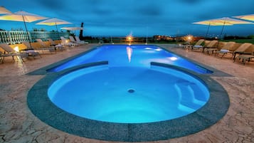 Outdoor pool, pool umbrellas, pool loungers