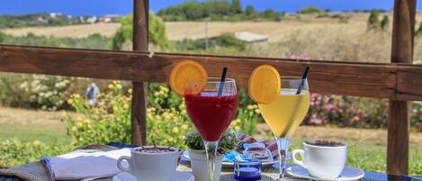 A table set with drinks and a cup, overlooking a scenic view of the ocean and greenery.