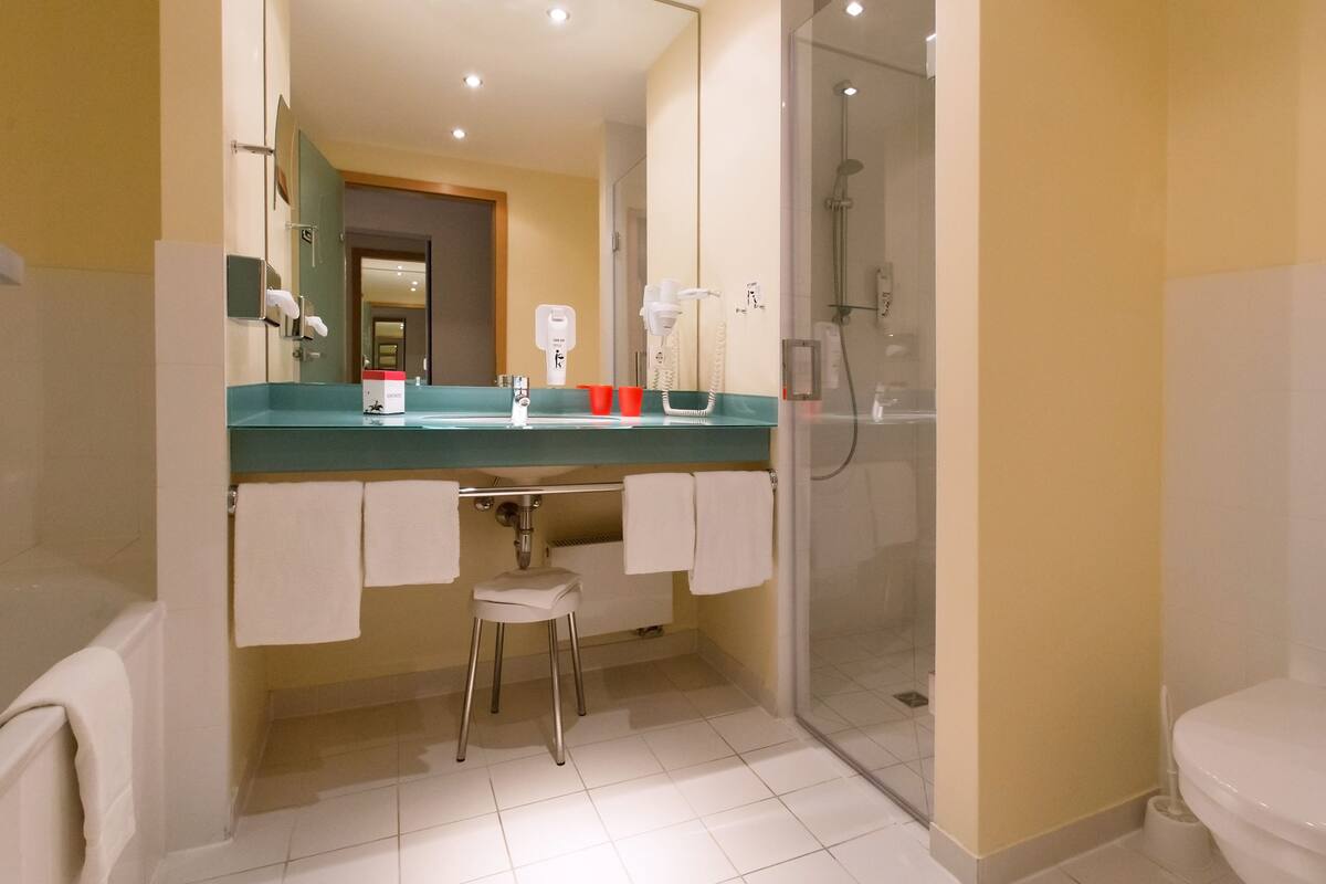 deluxe double room | bathroom | free toiletries, hair dryer, towels, soap