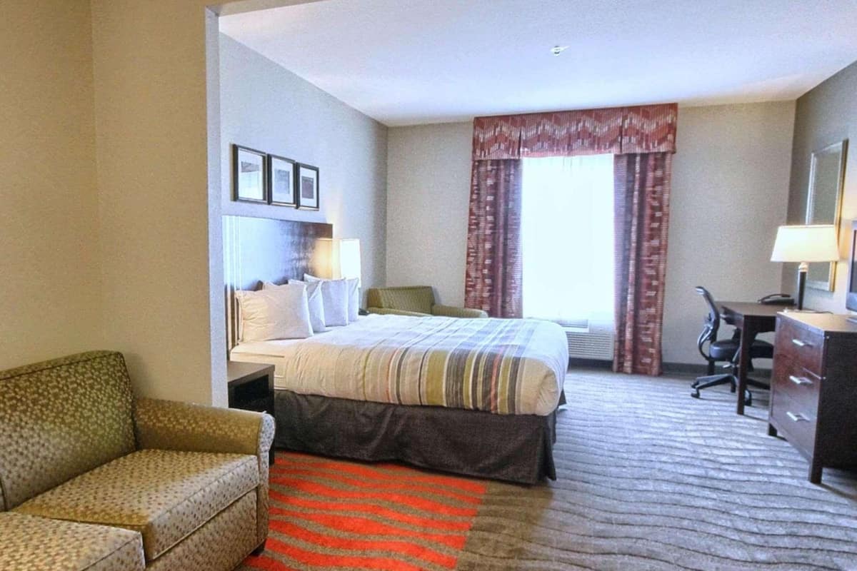 Une chambre d’hôtel comprenant un lit, un bureau, une chaise, un canapé et une moquette.
