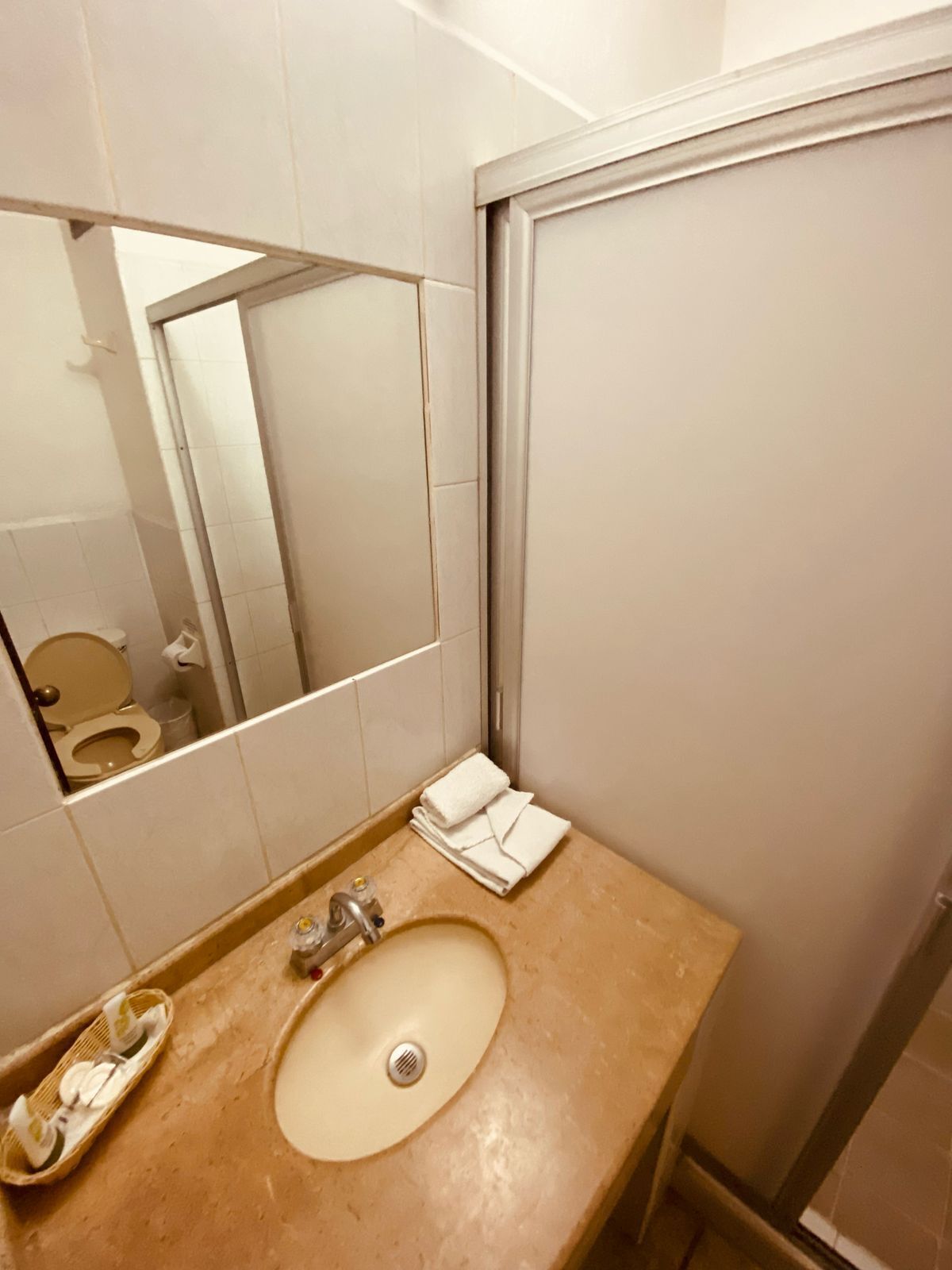 A bathroom with a sink, mirror, and toilet.