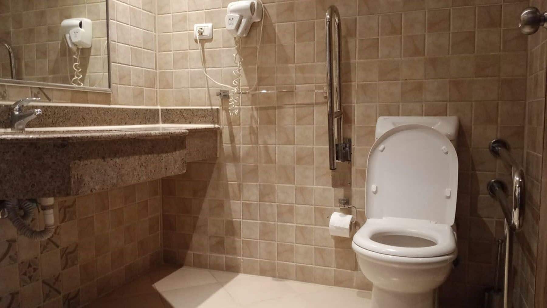 A bathroom with a toilet, a sink, and a hand dryer.