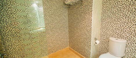 A bathroom with a shower, toilet, and a patterned wall.