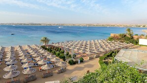 A beach resort with rows of sun umbrellas and lounge chairs, a sandy beach, and a view of the sea and distant cityscape. - Prima Life Makadi Hotel - All inclusive (Makadi Bay)