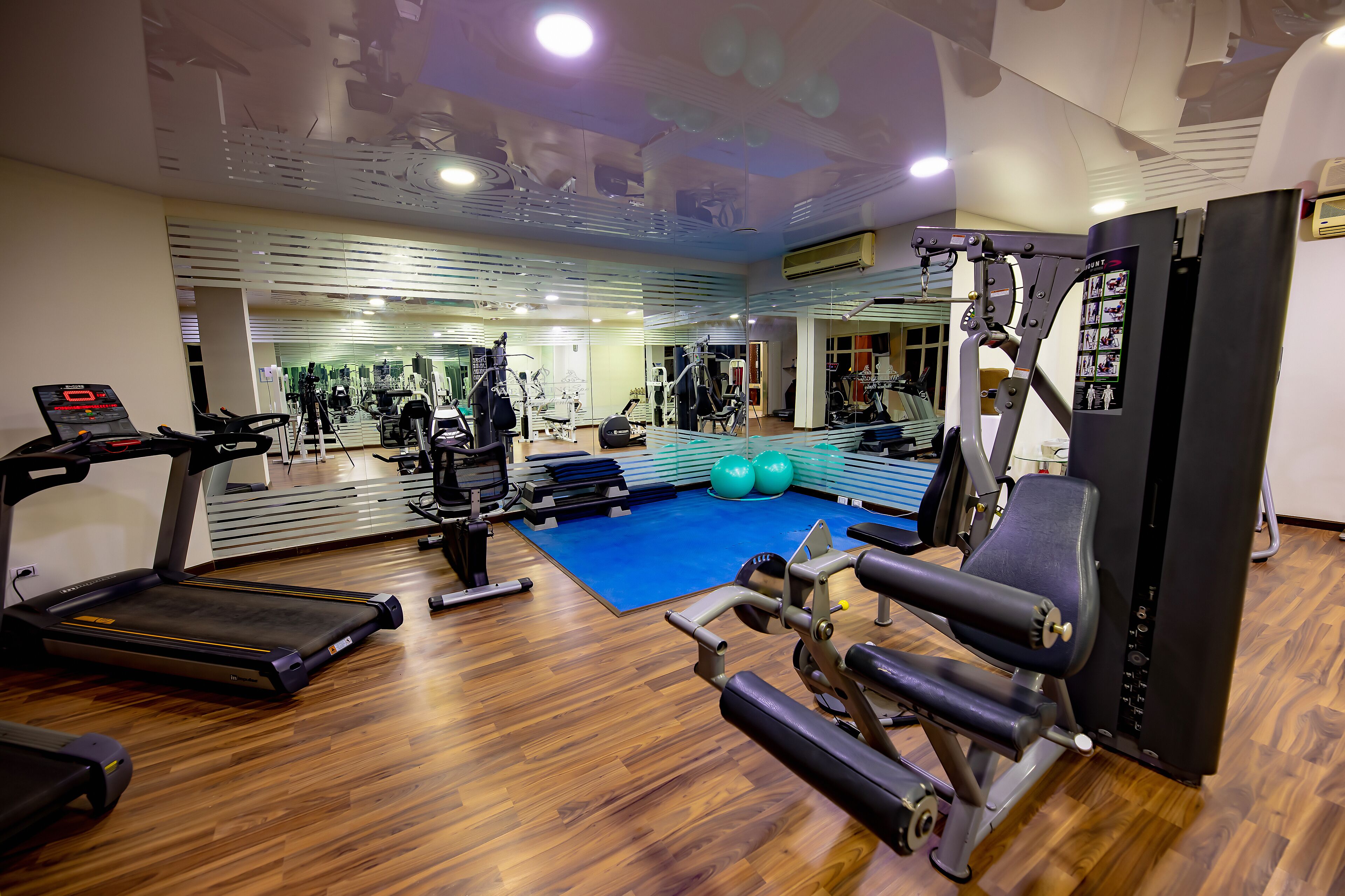 Une salle de sport équipée de tapis de course, d’appareils de musculation et de ballons d’exercice.