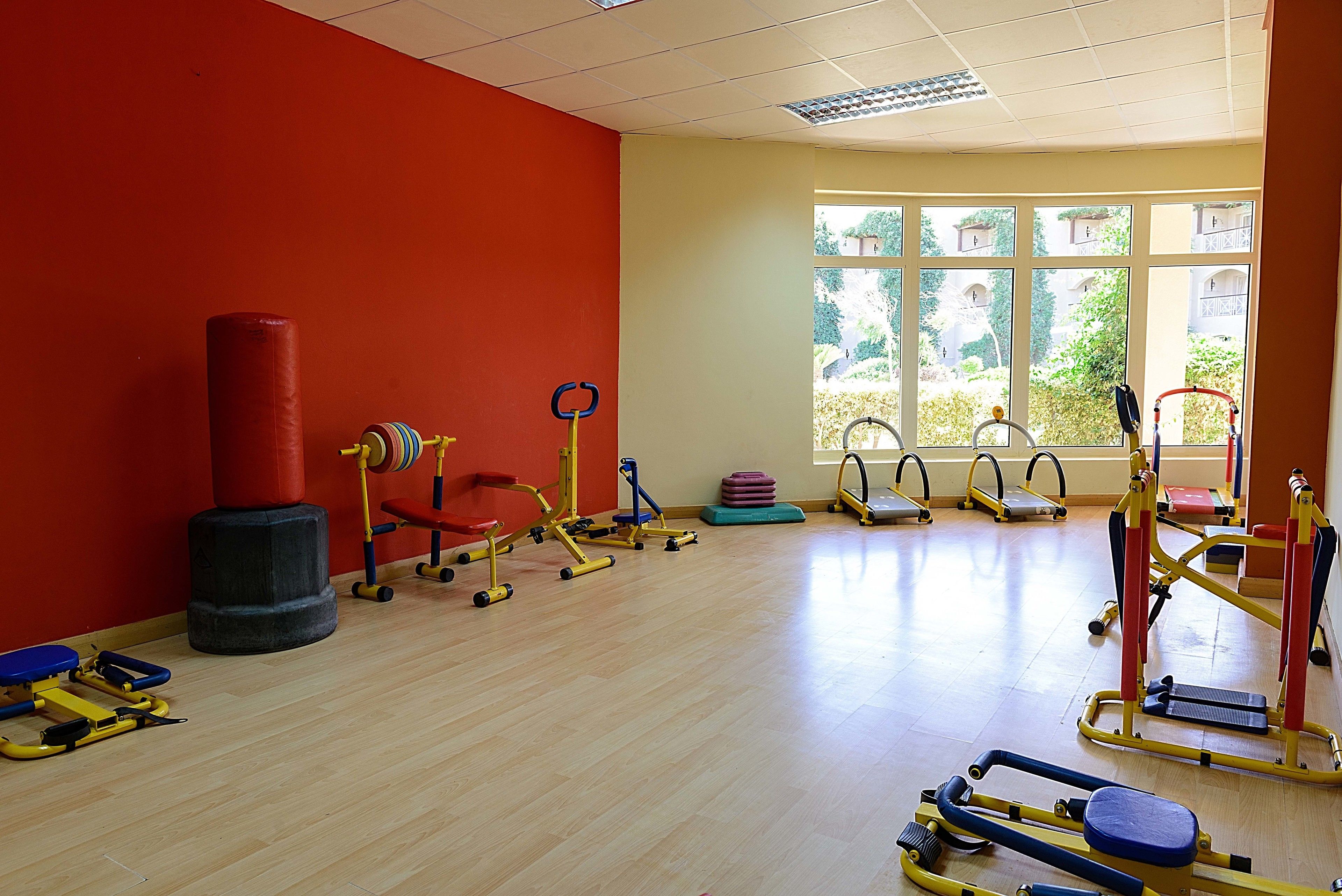 Een sportschool met diverse fitnessapparaten, een bokszak en een raam met uitzicht op groen.