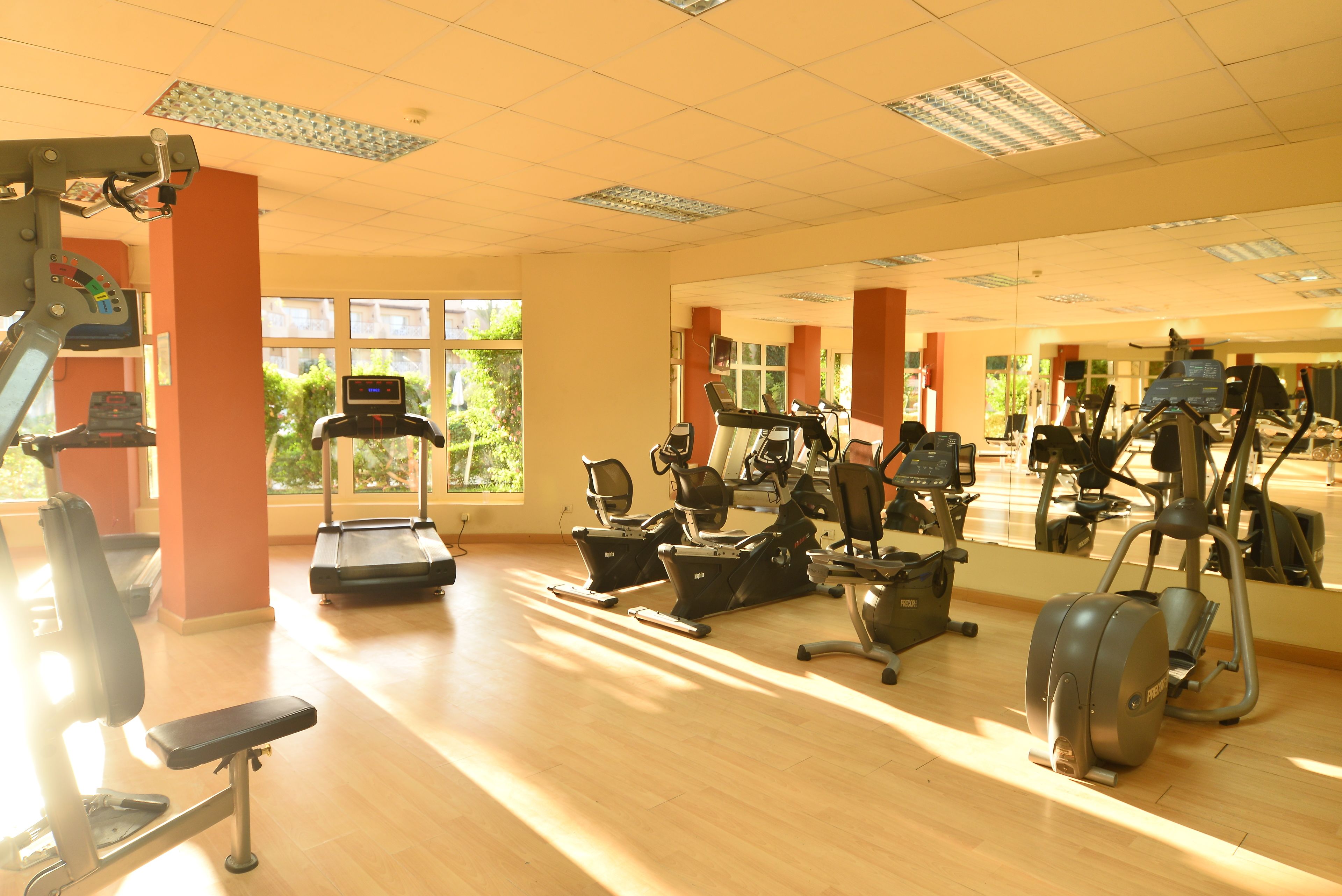 Un gimnasio con diversos equipos de ejercicio, ventanas amplias y un espejo grande.