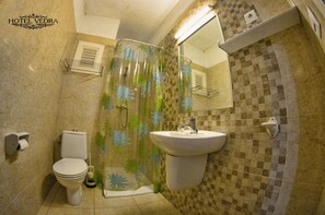 Een badkamer met toilet, douche en wastafel.