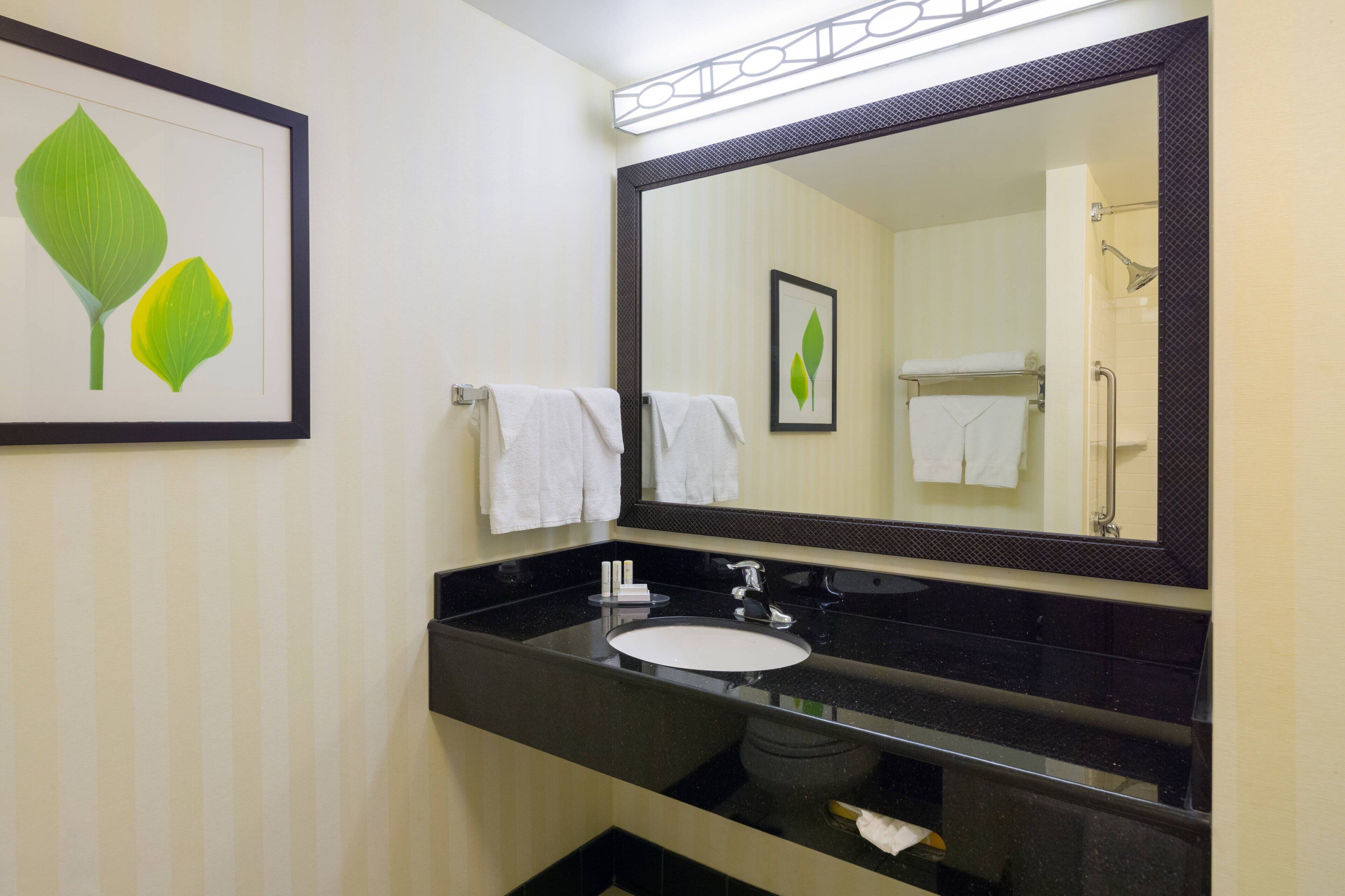 combined shower/bathtub, hair dryer, towels