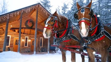 Two horses harnessed to a red carriage in front of a wooden cabin with a snow-covered roof and Christmas lights.