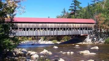 Un pont couvert en bois enjambant une rivière, avec des rochers et des arbres sur les rives.