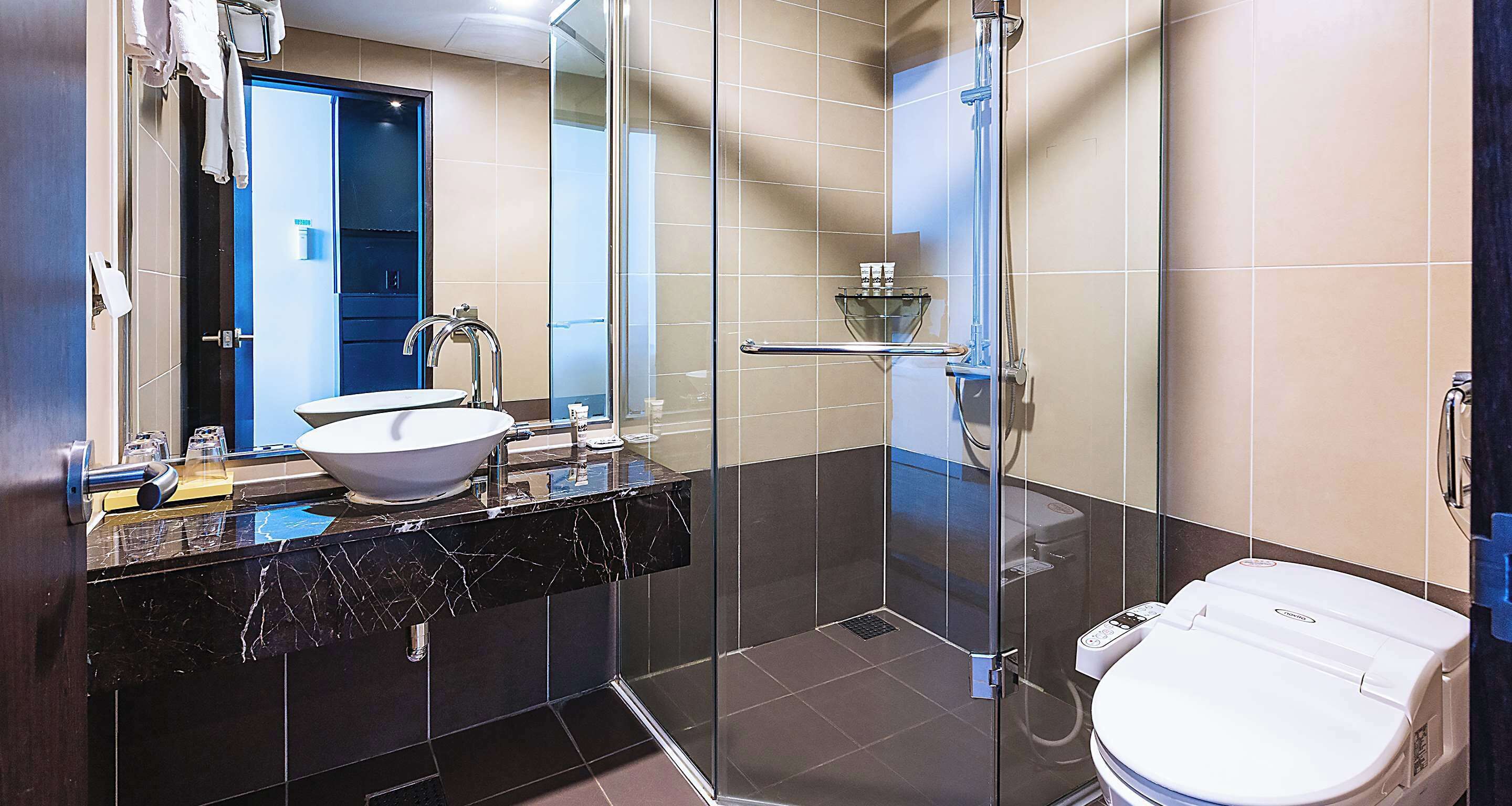 shower, free toiletries, hair dryer, bathrobes