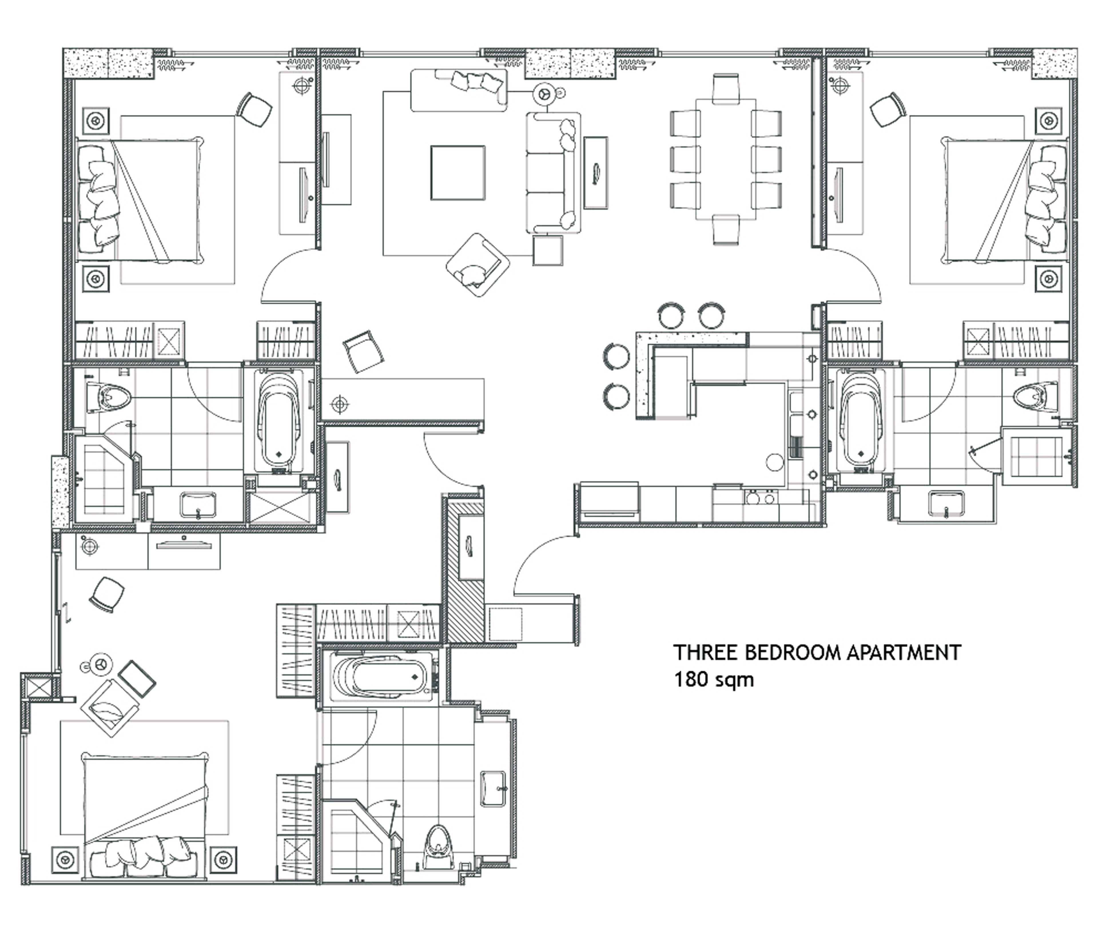 A three-bedroom apartment layout with a living room, two bedrooms, a bathroom, and a kitchen.