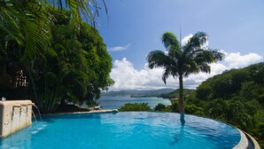 Una piscina infinita azul cristalina con vista al mar y montañas, rodeada de exuberante vegetación y una palmera.