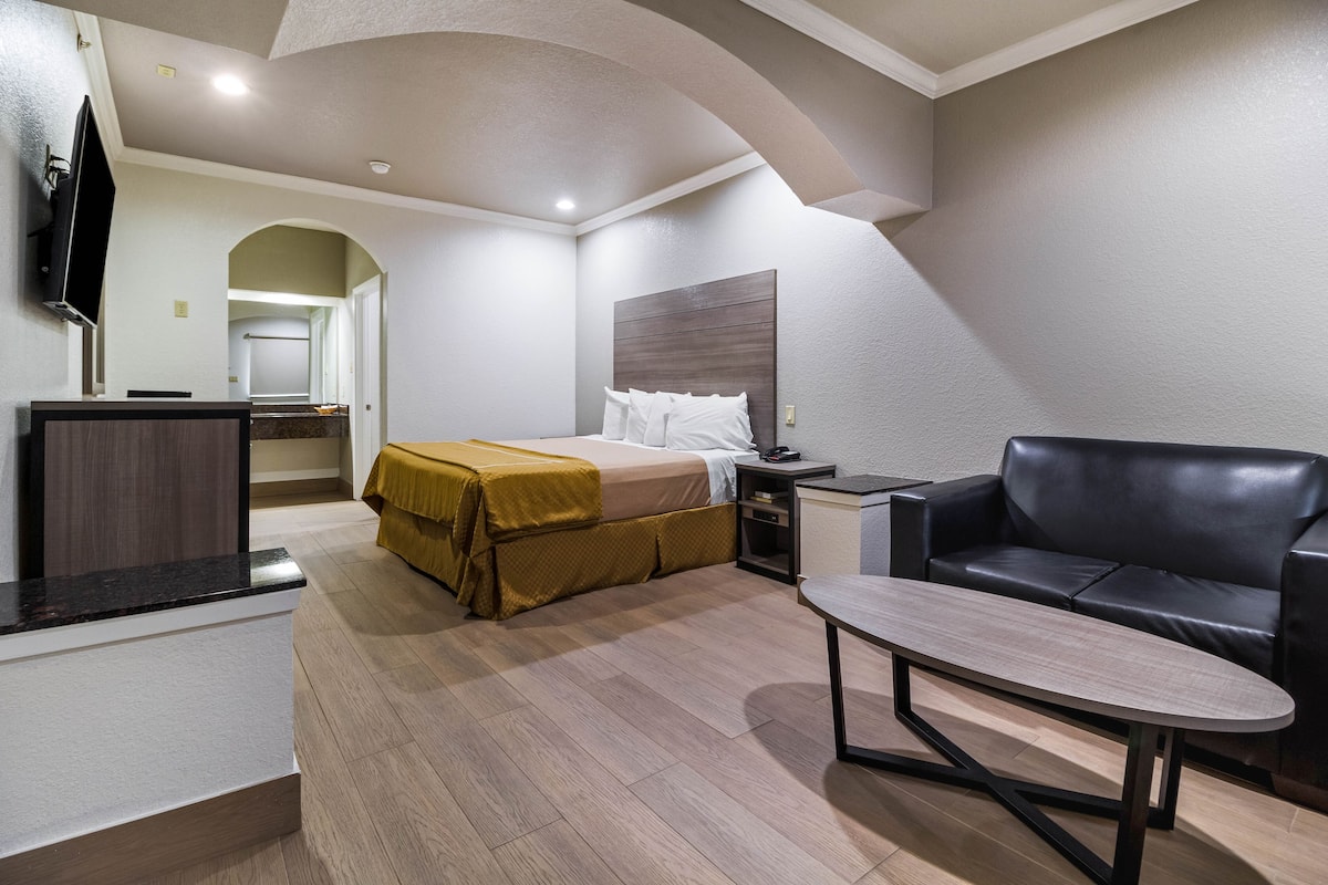 A hotel room with a bed, a sofa, a desk, and a television.