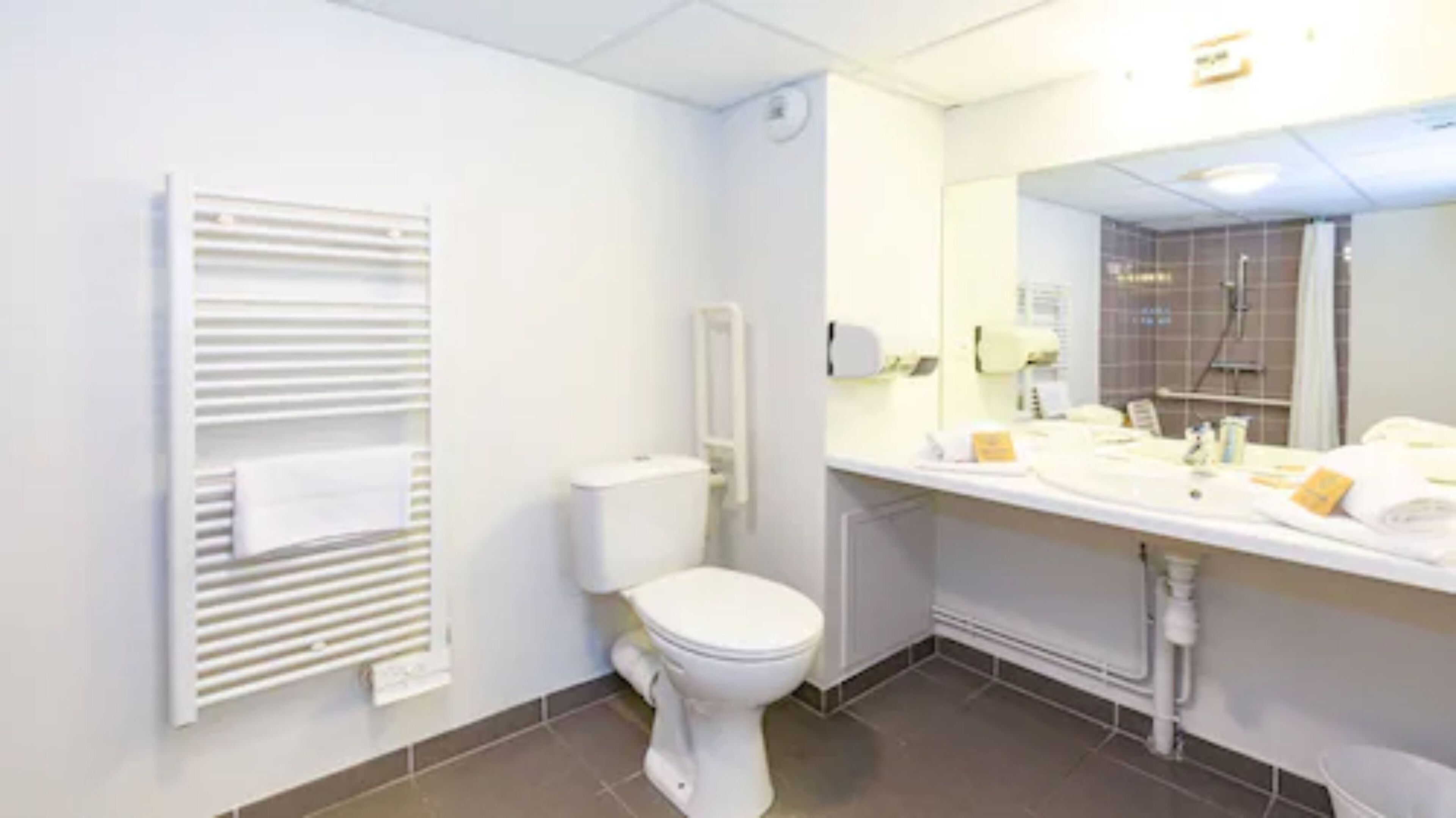 Et badeværelse med toilet, bøjle til håndklæder, spejl og vask med toiletartikler.