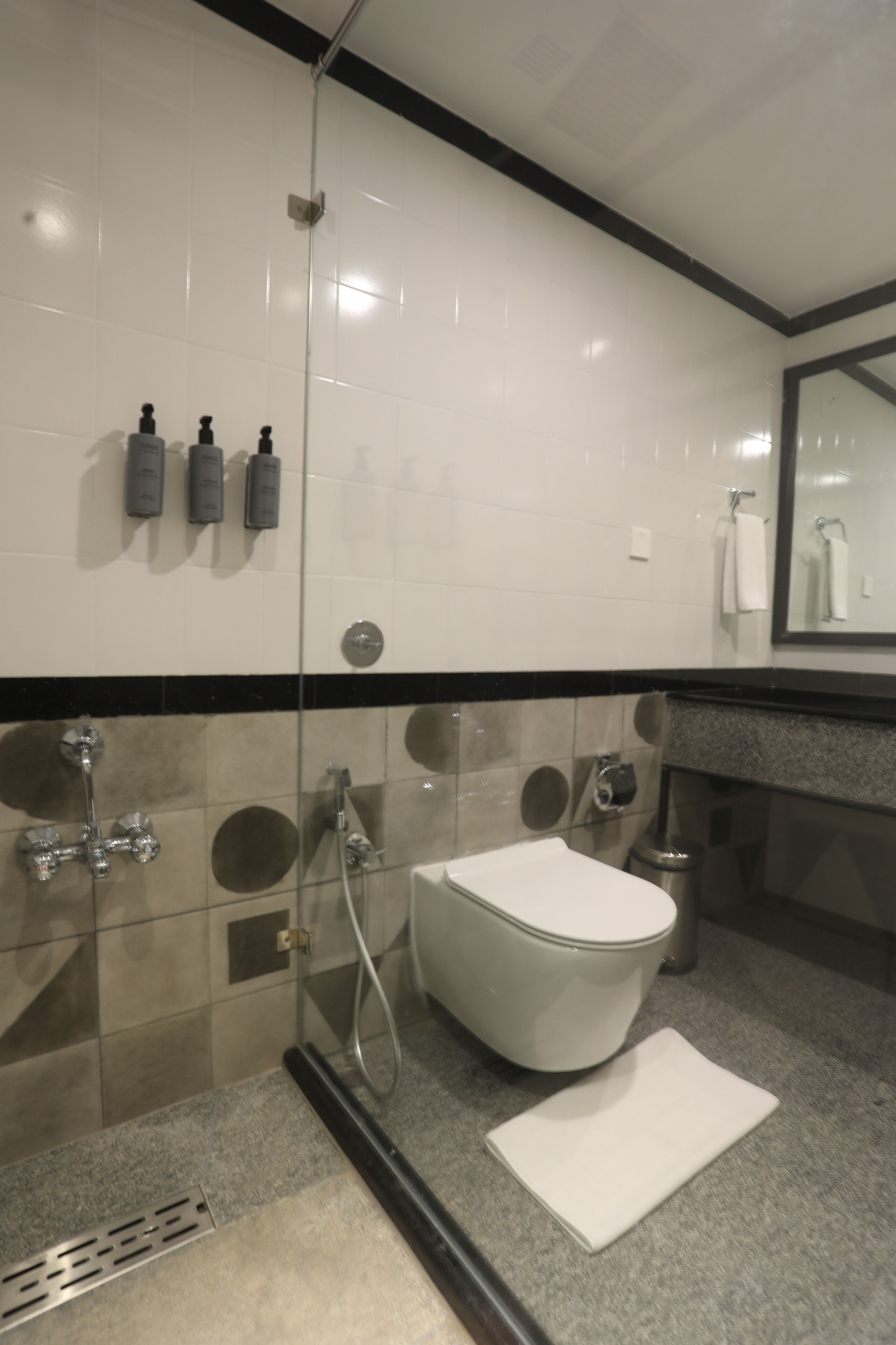 A modern bathroom with a glass-enclosed shower, a white toilet, and a granite countertop.