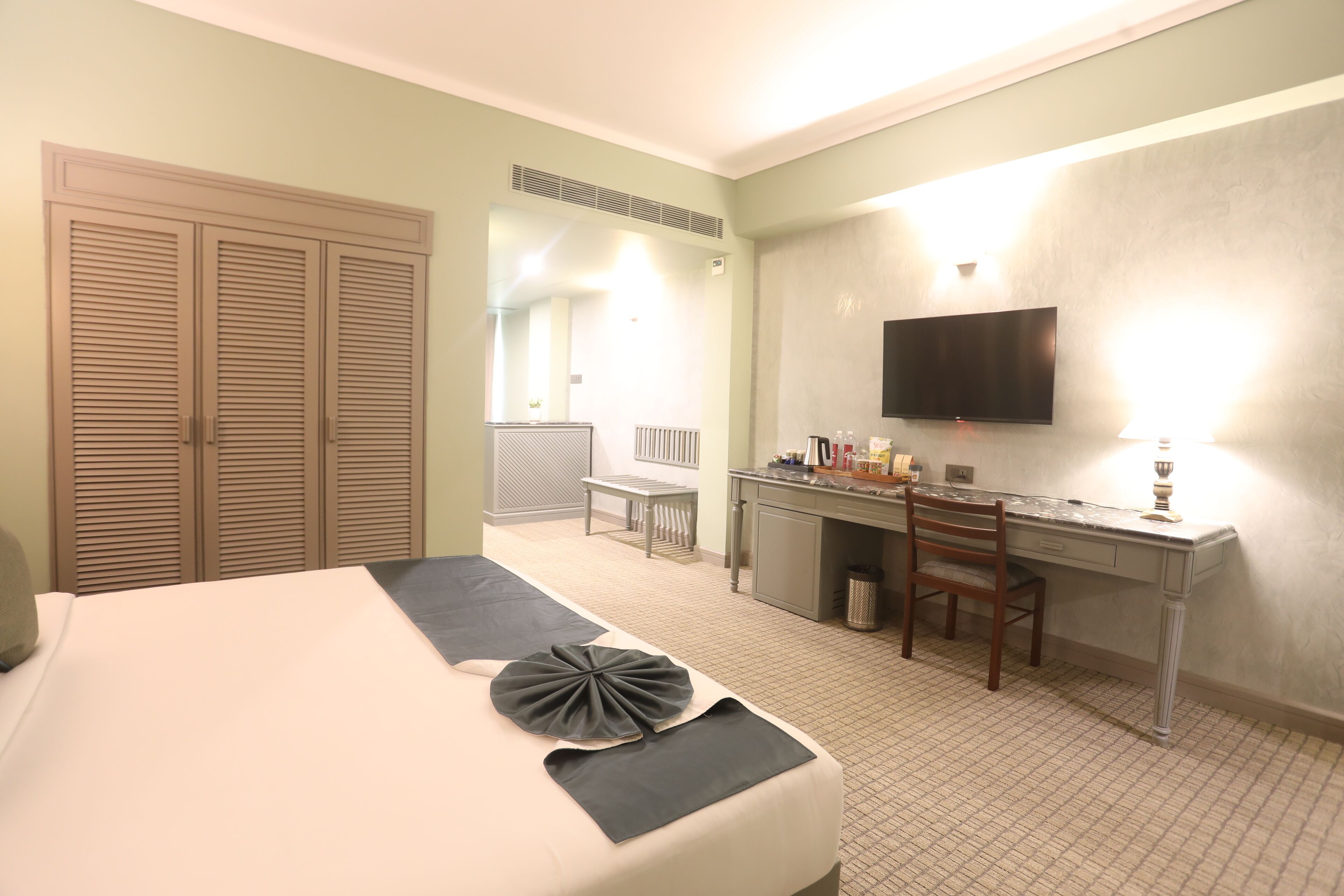 Una habitación de hotel con una cama, un escritorio, una silla, un televisor y un armario.