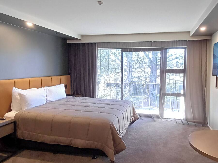 Une chambre d’hôtel avec un grand lit, une table de chevet, un téléviseur fixé au mur et une vue sur les arbres par la fenêtre.