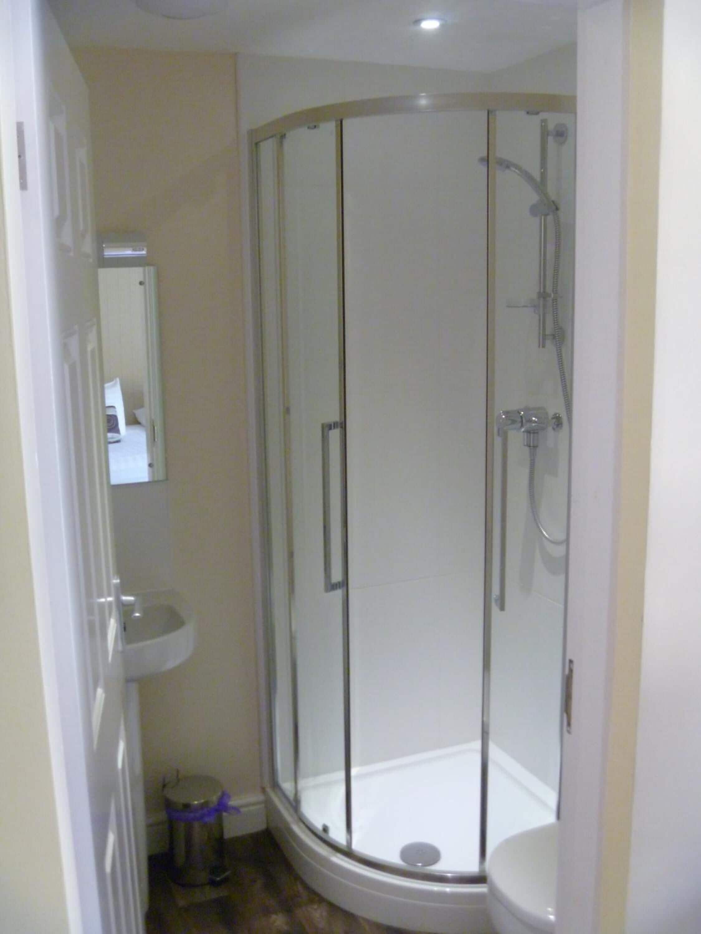 A shower enclosure with a glass door, a sink, and a trash bin.