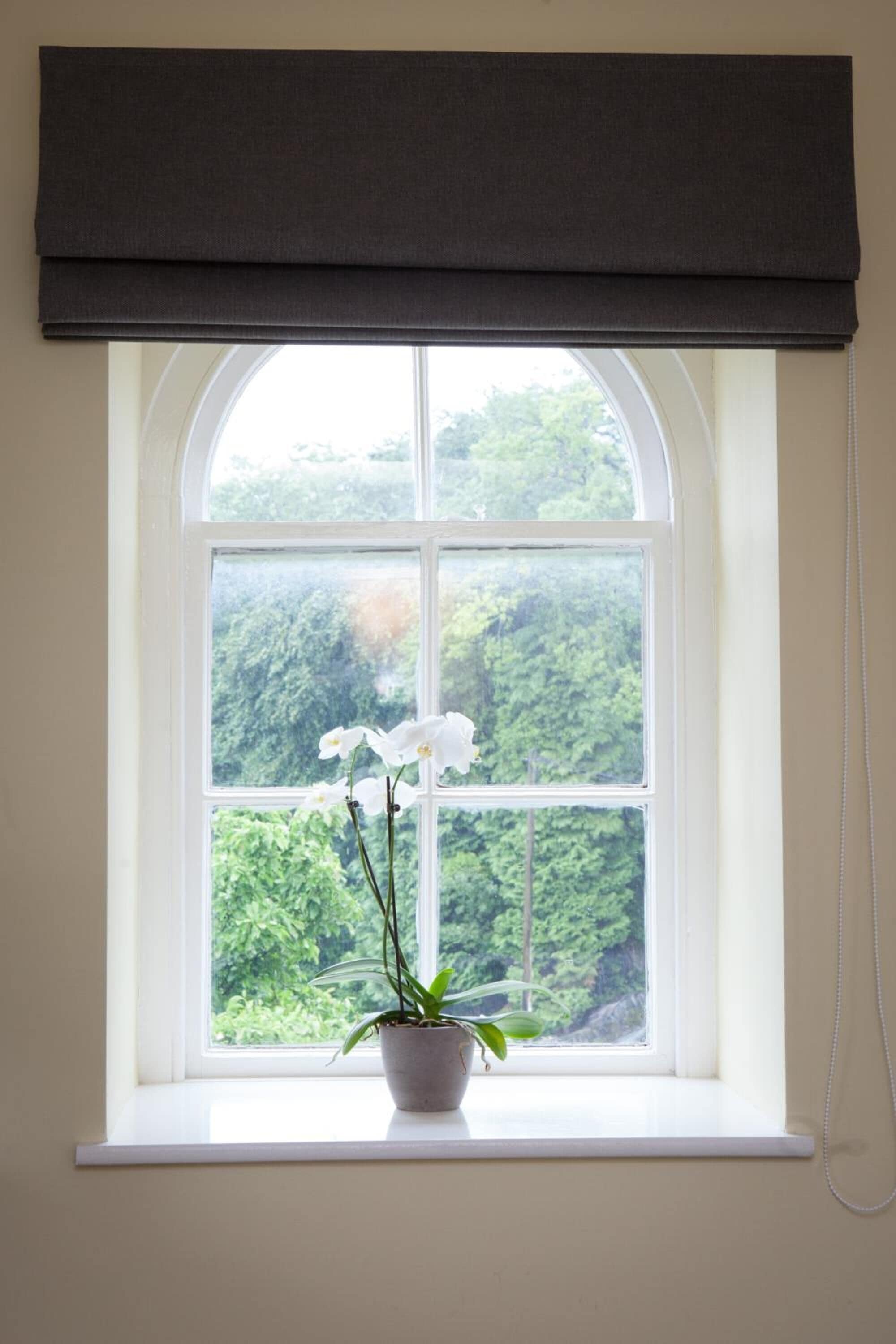 Une fenêtre avec un cadre blanc, un store enrouleur gris et une plante en pot ornée de fleurs blanches.