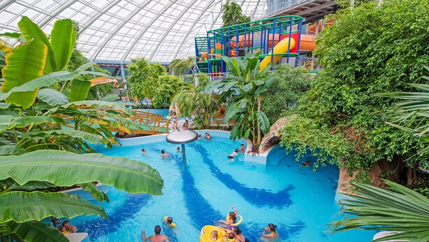 An indoor swimming pool with slides and water features surrounded by tropical plants. - Aquaticum Debrecen Thermal and Wellness Hotel (Debrecen)