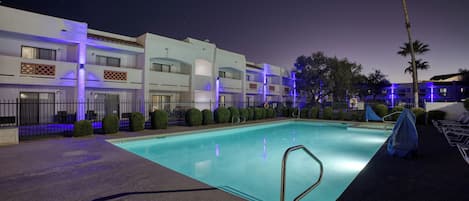 Outdoor pool, pool umbrellas, pool loungers