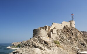 A historic stone fortress with a flag on top, situated on a rocky hill overlooking a coastal area.