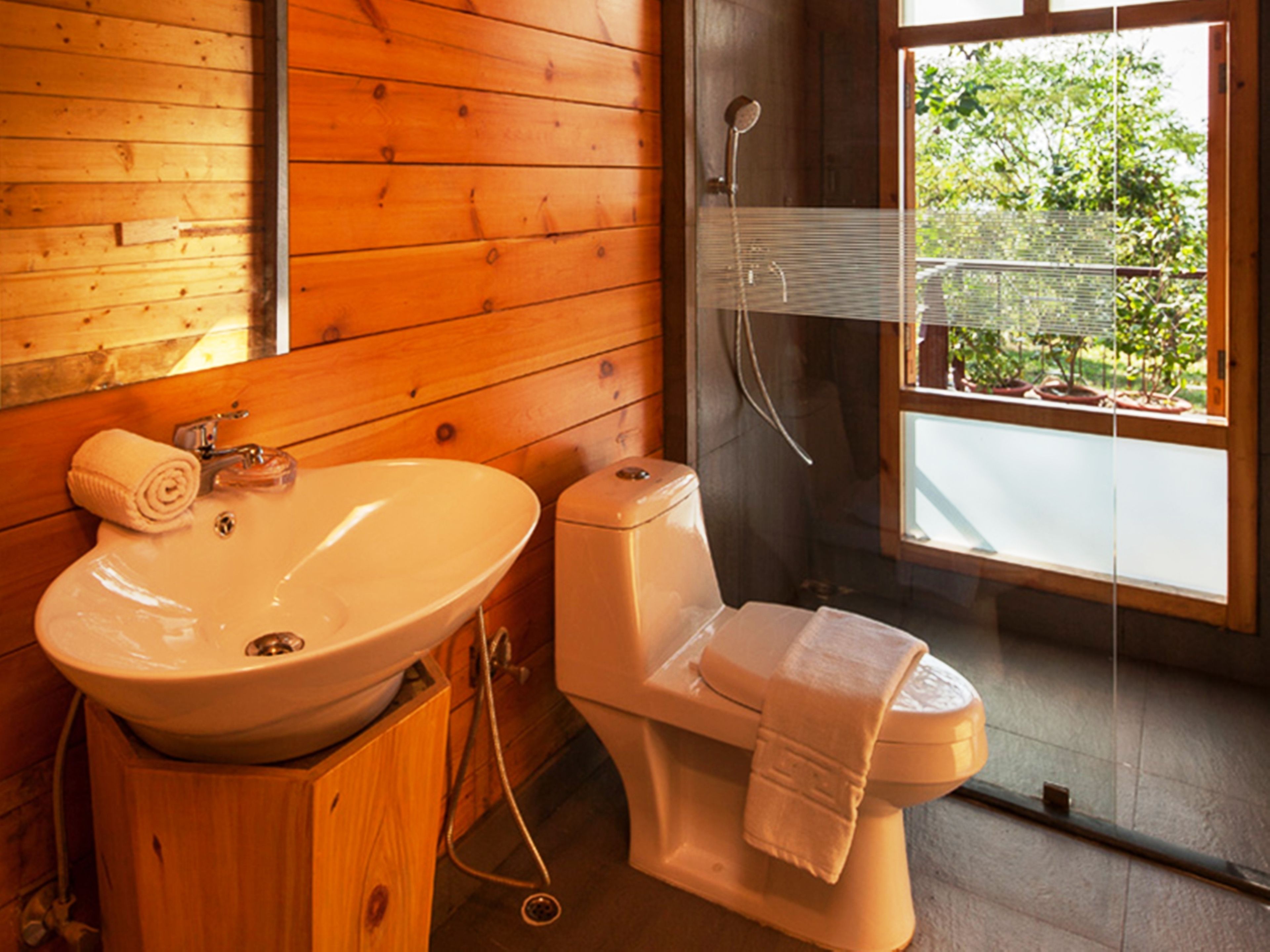 wooden cottage room | bathroom | shower, rainfall showerhead, free toiletries, hair dryer