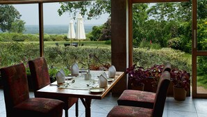 Comedor con una mesa dispuesta para cuatro personas, rodeada de sillas, y vista a un jardín exuberante y colinas al lejano.
