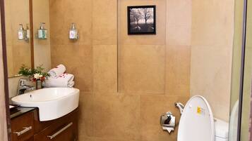 A bathroom with a white sink, a toilet, and a shower area.