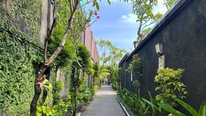 Une ruelle étroite, avec un chemin pavé de briques, bordée d’une végétation luxuriante et d’un mur noir d’un côté.