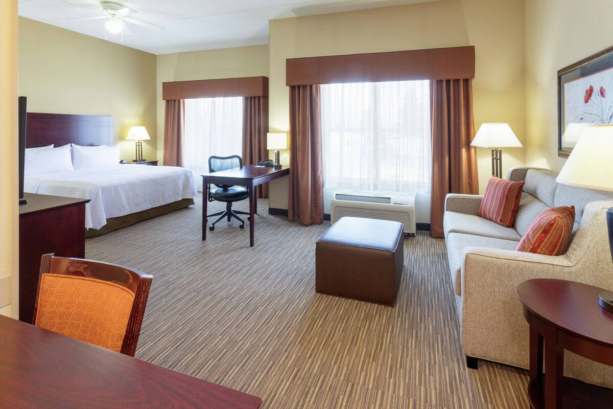 A hotel room with a bed, a desk, a sofa, and a chair.