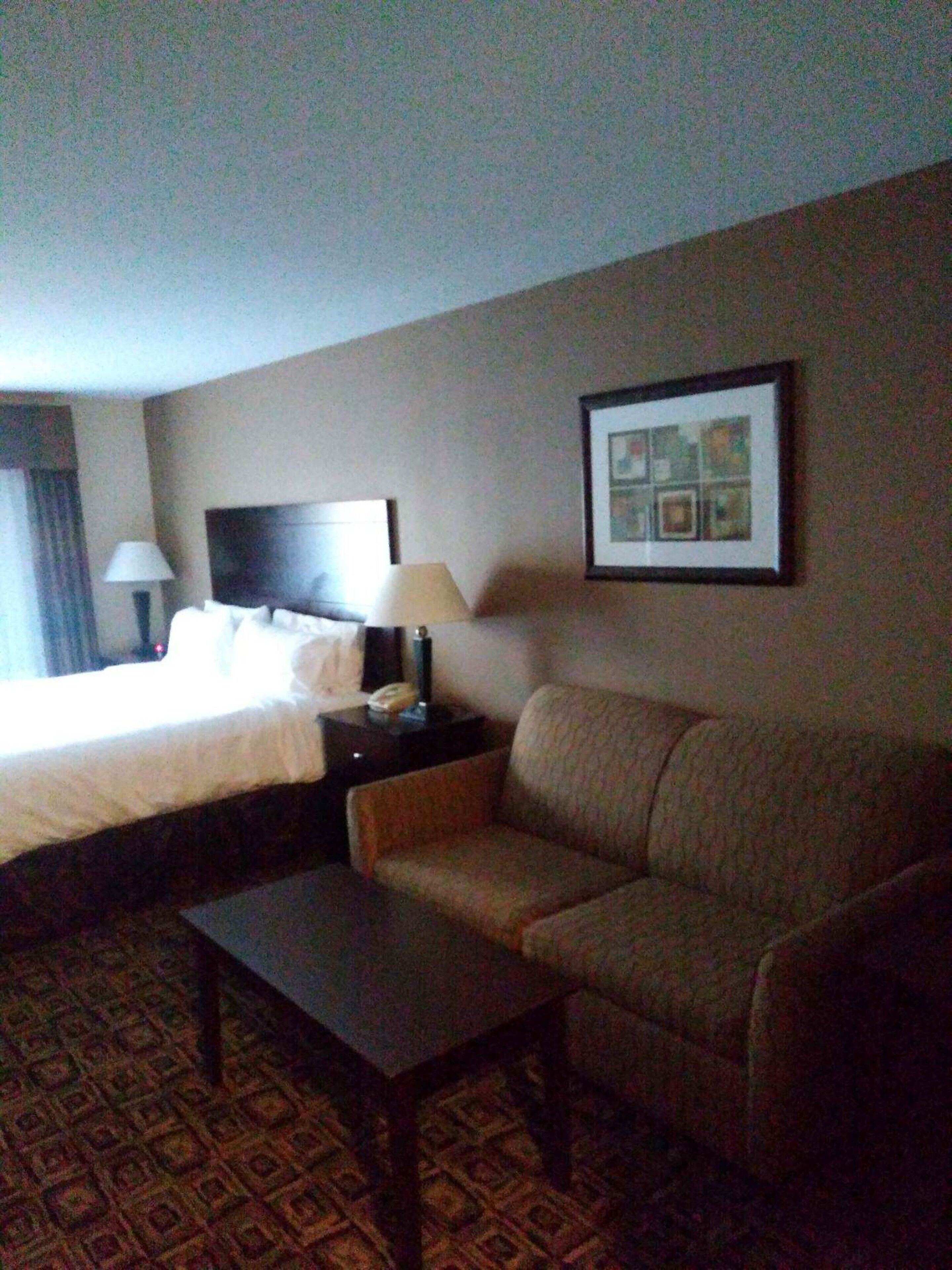 Quarto de hotel com cama, sofá, mesa de centro, mesa de cabeceira com abajur e um quadro na parede.
