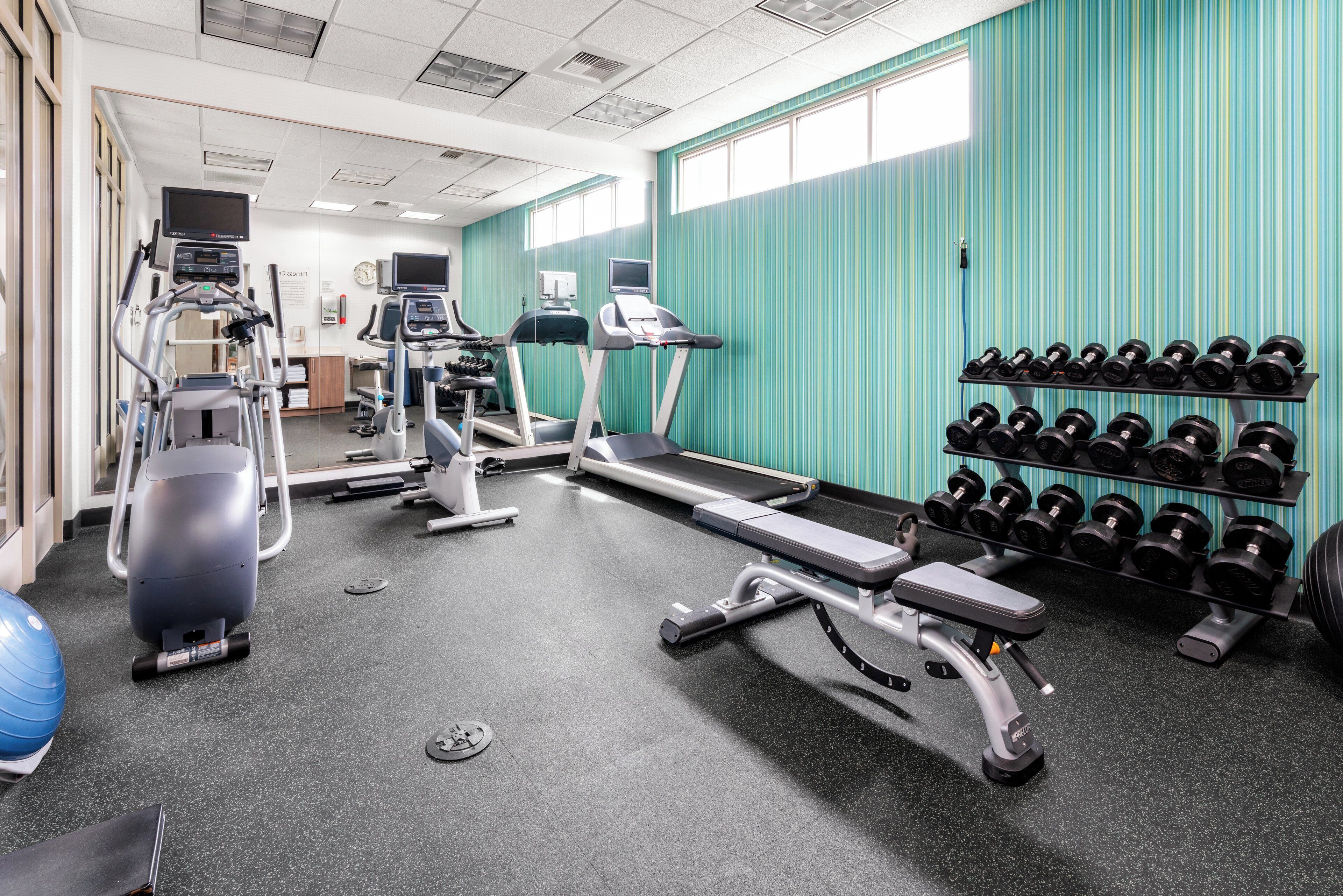 A gym with treadmills, elliptical machines, and a rack of dumbbells.
