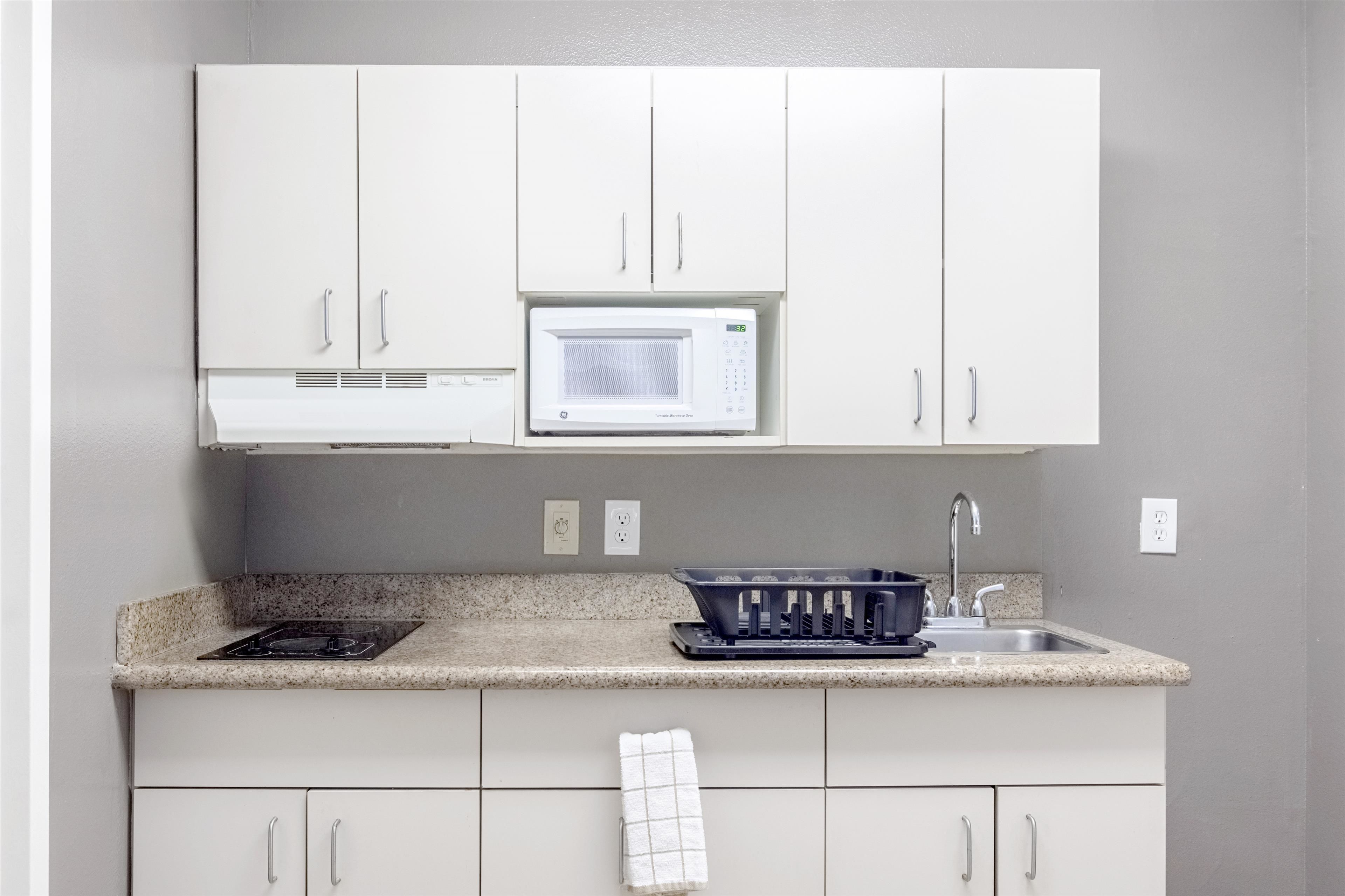 Full-size fridge, microwave, coffee/tea maker