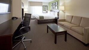 A hotel room with a desk, office chair, bed, sofa, and a TV. - Holiday Inn Express Hotel & Suites Rogers by IHG (Rogers)