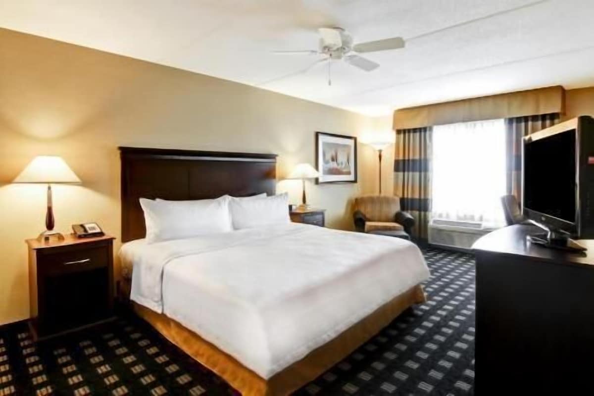 A hotel room with a bed, a desk, a chair, a TV, a ceiling fan, and a window with curtains.